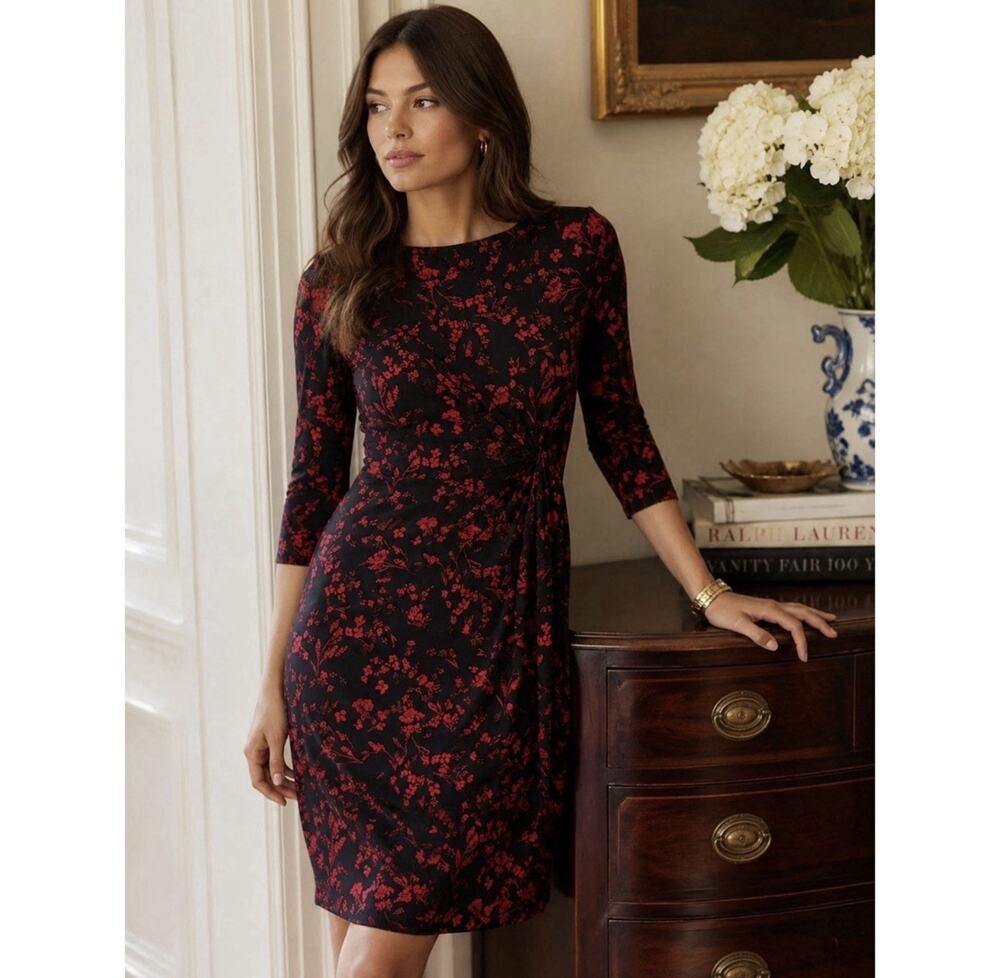 Lauren Ralph Lauren Sheath Dress Ruched Pink Black 3/4 Sleeve Size 6 Pull Over